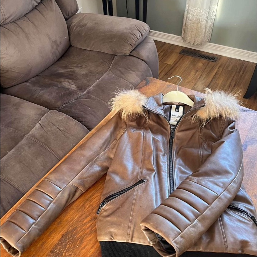 Brown leather coat with fur